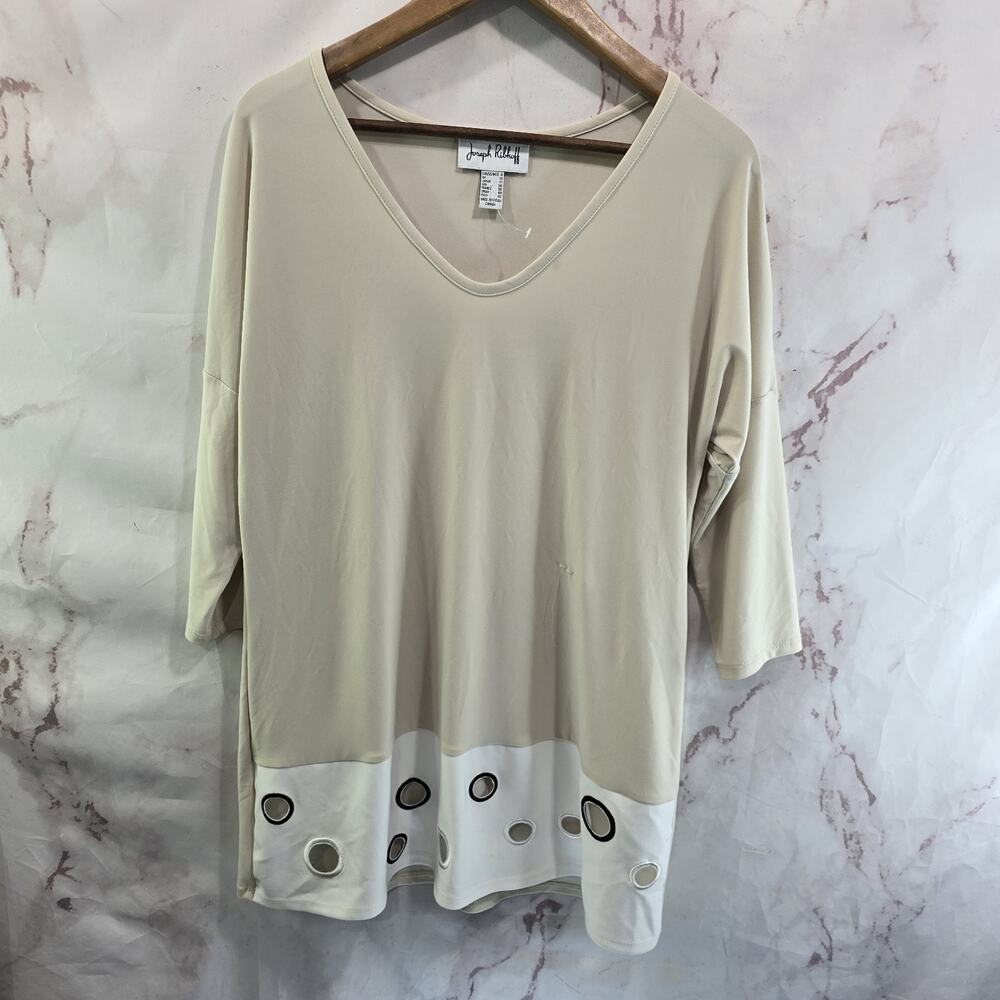 Joseph Ribkoff Top Womens 8 Medium Beige White Tunic Blouse Batwing Grommet